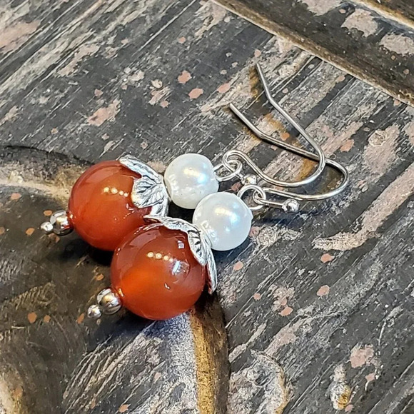 Handcrafted Red Carnelian Gemstone White Faux Pearl Silver Dangle Earrings - Picture 6 of 9